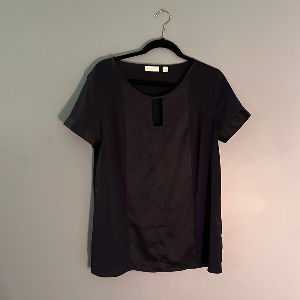 Dark navy blue New York and Company stretch blouse with satin detail